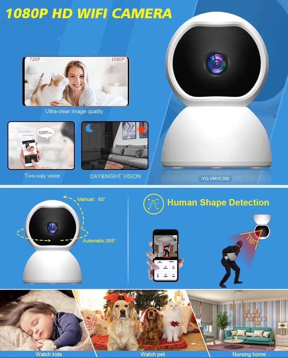 1080P WiFi IP Home Security Camera CCTV Baby Office Shed Dog, Night Vision CAM