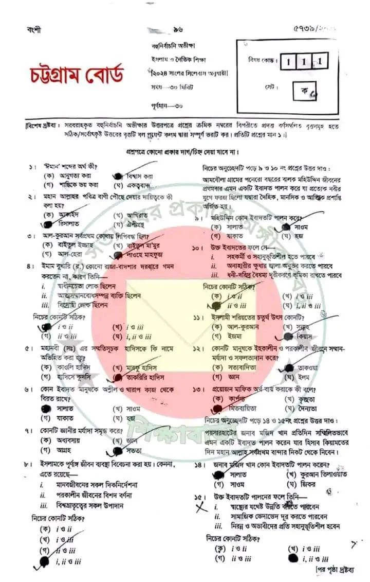 চট্টগ্রাম বোর্ড এসএসসি ইসলাম ও নৈতিক শিক্ষা প্রশ্ন সমাধান ২০২৪