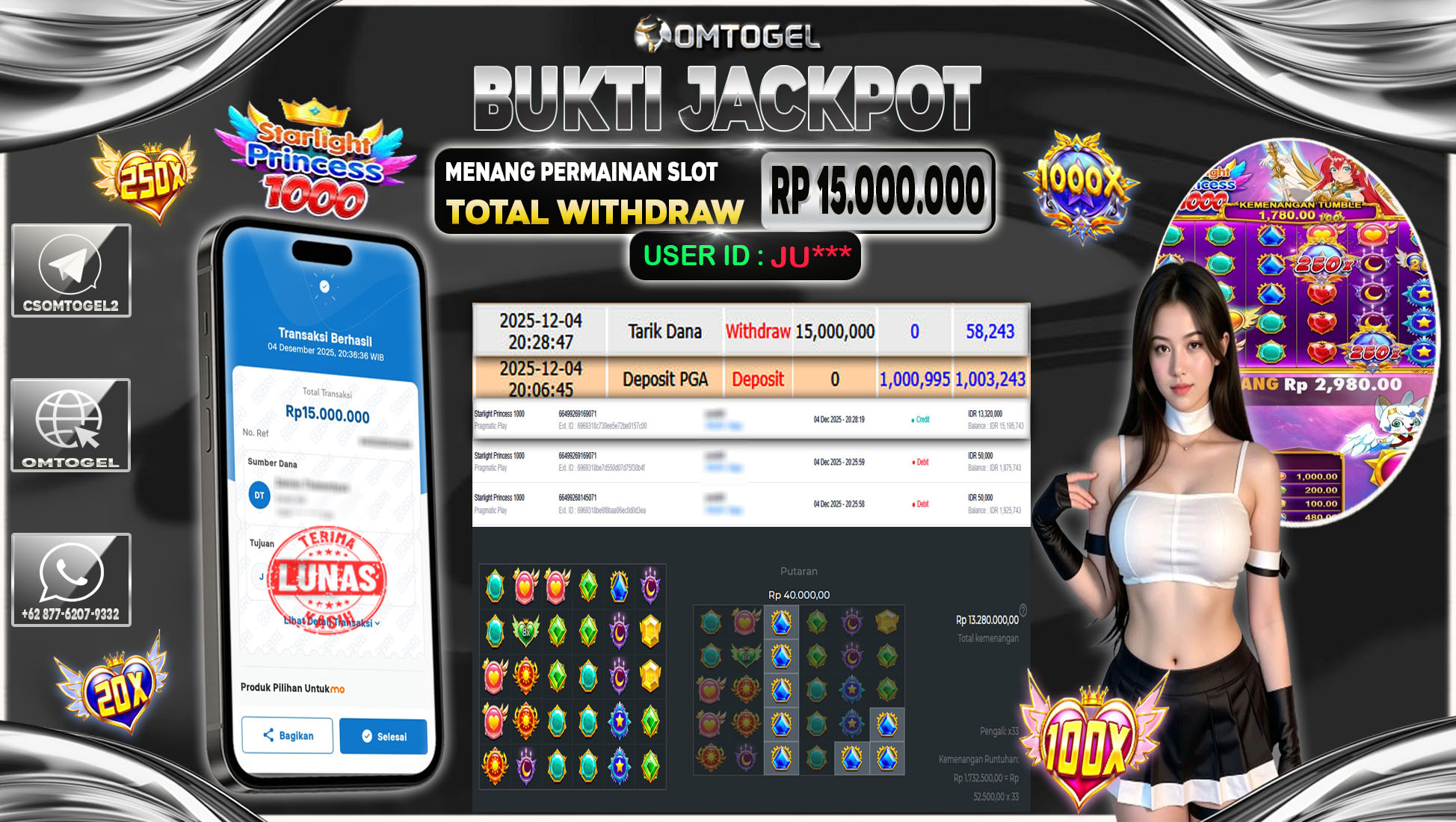 OMTOGEL JACKPOT PRAGMATIC PLAY STARLIGHT PRINCESS 1000 , 15  JUTA DI BAYAR LUNAS ,-