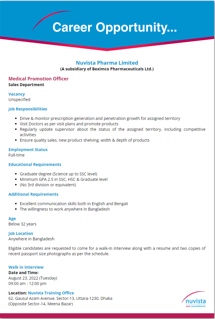Nuvista Pharma Job Circular 2022 Image