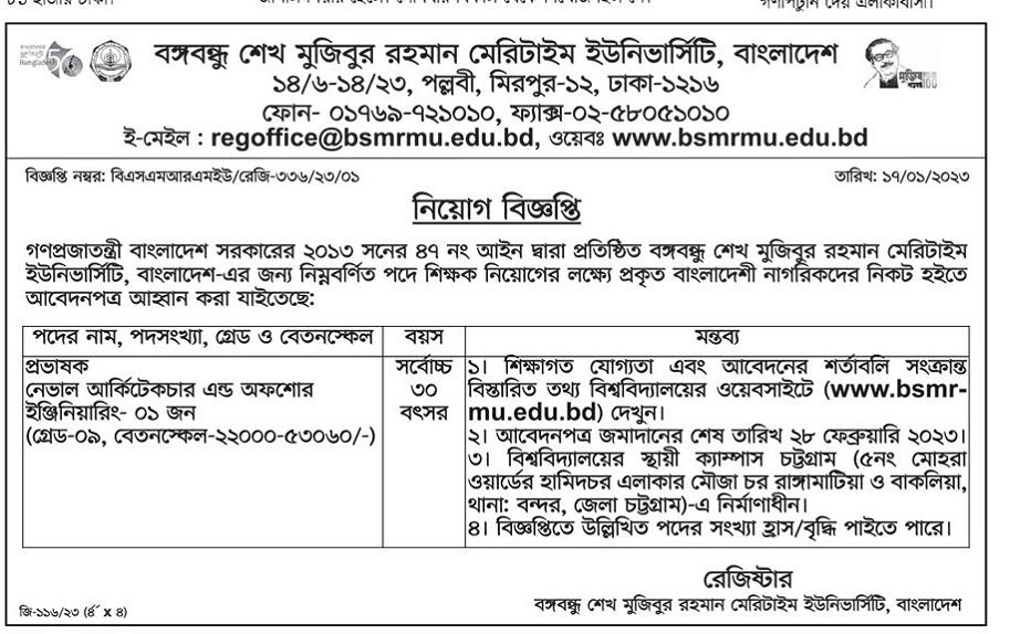 BSMRMU Job Circular 2023