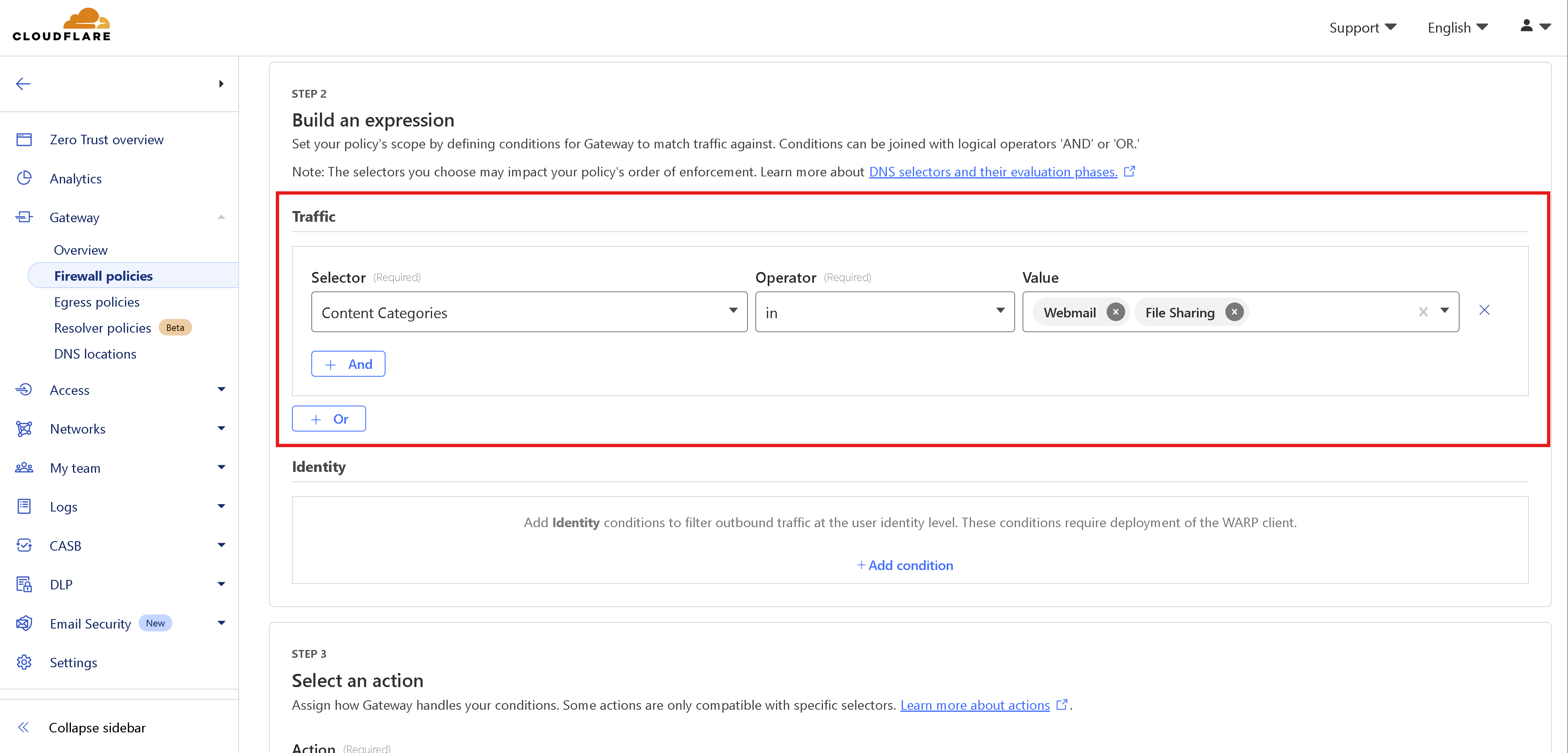 Cloudflare DNS policy configuration screen selecting Content Categories like Webmail and File Sharing to block.