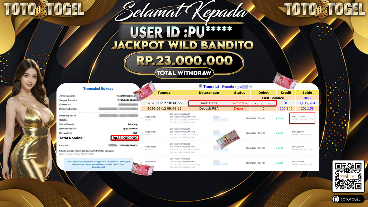 Bukti Pembayaran Jackpot Permainan Slot Wild Bandito ID:PU*****LUNAS