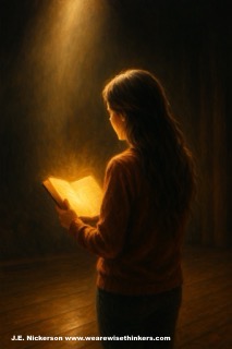 Digital painting of a young woman with long brown hair standing alone in front of a softly lit wall covered in handwritten notes and sketches. She is seen from behind, symbolizing vulnerability, creativity, and the quiet courage it takes to share one’s work. The art style is moody yet hopeful, with warm tones and soft brushstrokes.