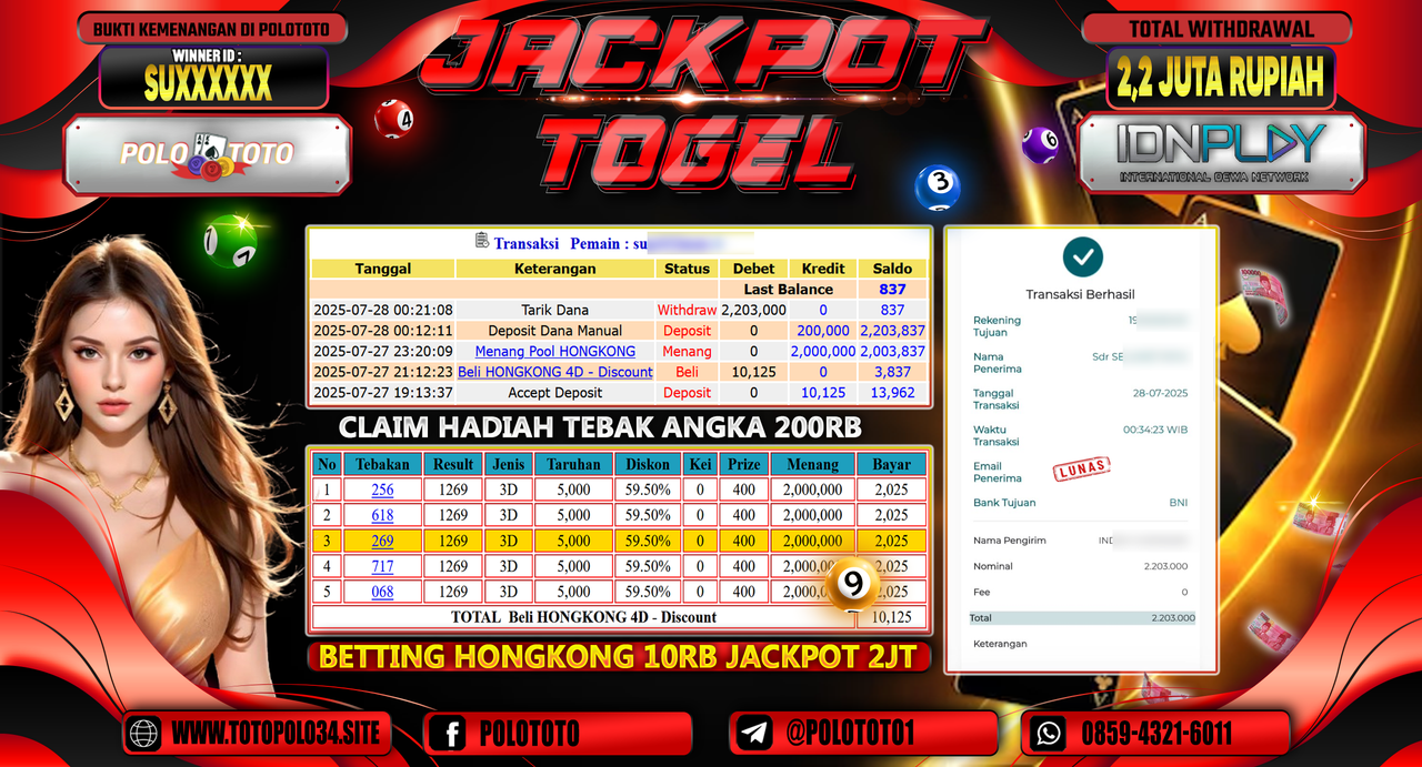 POLOTOTO JACKPOT TOGEL HONGKONG LOTTO Rp.2.200.000,- LUNAS
