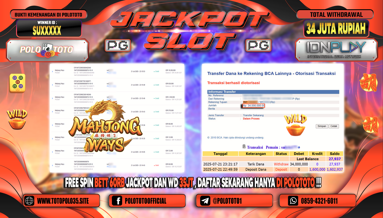 POLOTOTO JACKPOT SLOT MAHJONG WAYS Rp.34.000.000,- LUNAS