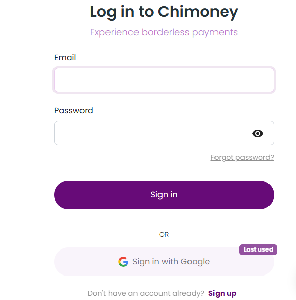 Chimoney Sandbox Sign Up
