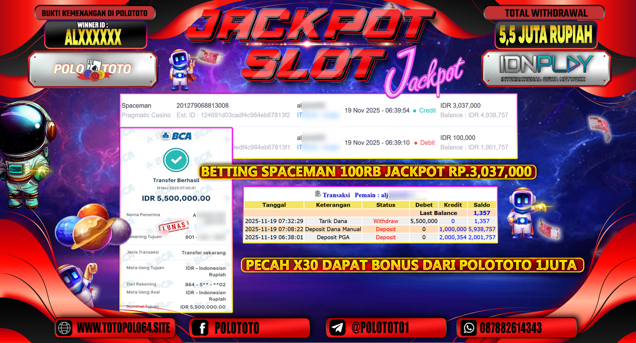 POLOTOTO JACKPOT SLOT SPACEMAN Rp.5.500.000,- LUNAS