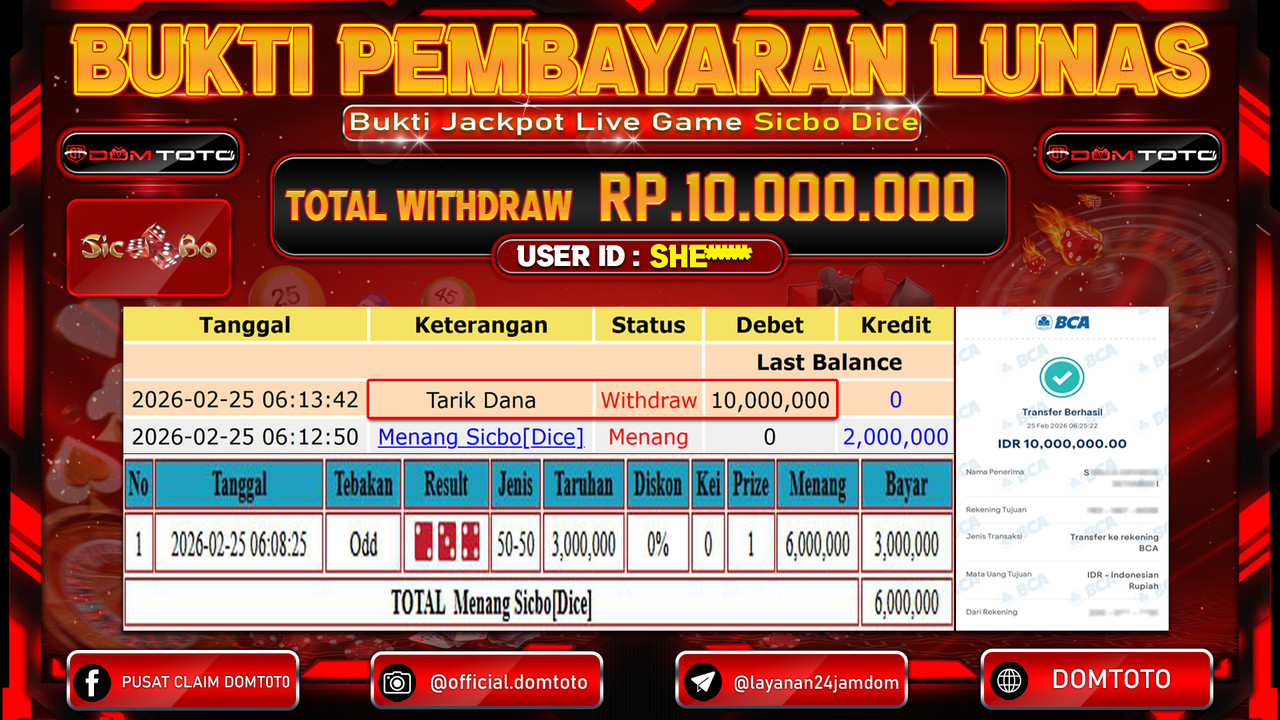 JACKPOT Live Games Sicbo Dice 25 FEBRUARI 2026