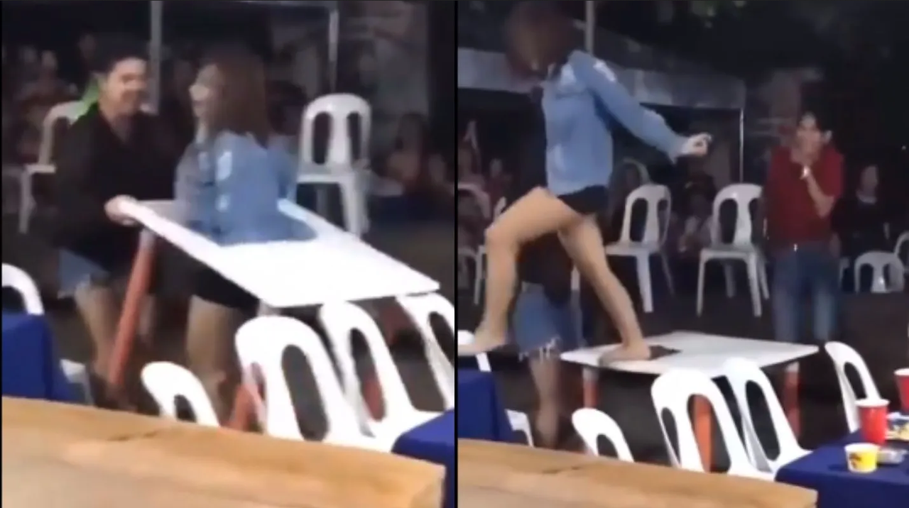 Mujer saca los pasos prohibidos hasta romper una mesa y se hace viral