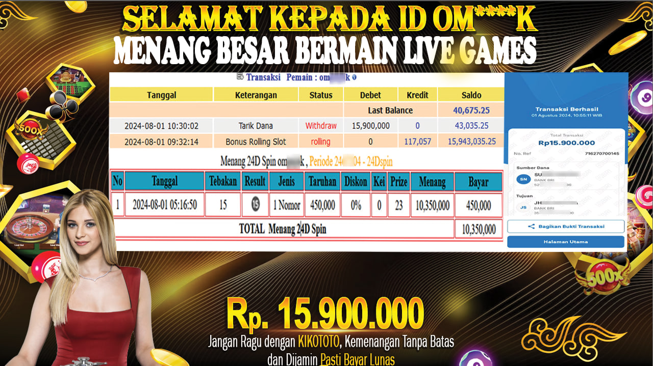 LAGI - LAGI !! MENANG BESAR DI PERMAINAN LIVE GAMES SEBESAR Rp 15,900,000 LANGSUNG DAN TANPA BASA BASI DI BAYAR KIKOTOTO !!!
