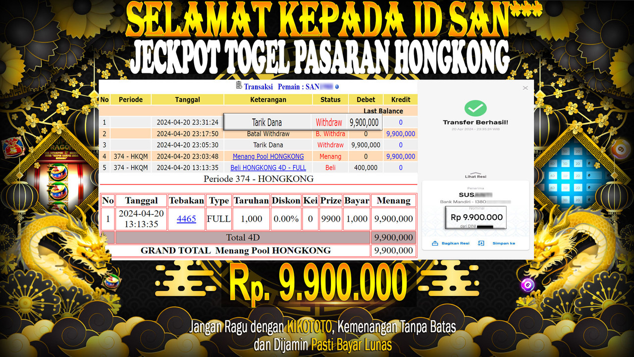 JACKPOT !! MENANG BESAR PASARANG TOGEL HONGKONG  Rp.9.900.000 DI BAYAR LUNAS OLEH KIKOTOTO LANGSUNG !!!