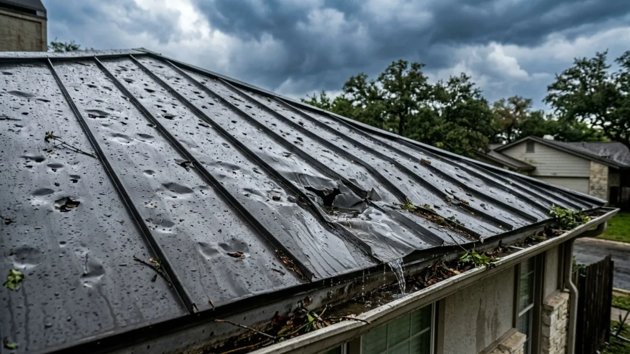 Storm and hail damage on a San Antonio metal roof causing leaks
