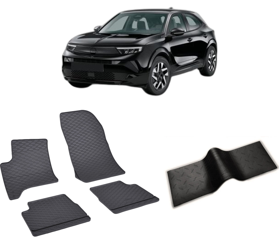 Set covorase auto OPEL MOKKA B HYBRID (MHEV) din 2024-PREZENT, cu covoras tunel median, CAROSERIE SUV, Presuri cauciuc 100%, compatibil cu autoturismul OPEL MOKKA B HYBRID (MHEV), Rigum