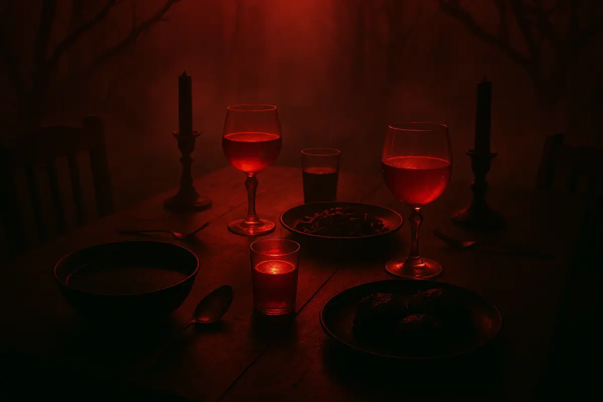 Стол и еда в мрачном антураже
