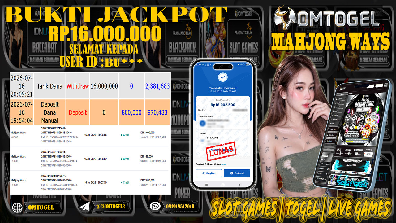 OMTOGEL JACKPOT PG SOFT MAHJONG WAYS Rp.16,000,000,- DIBAYAR LUNAS