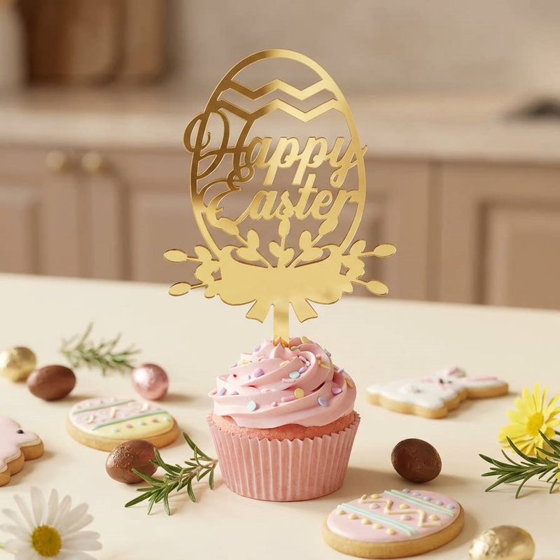 10-Piece Set of Elegant Easter Cake Toppers – Gold Acrylic "Happy Easter" Decorations with Bunny & Egg Designs, Perfect for Party Cakes and Festive Table Settings(Style 1)