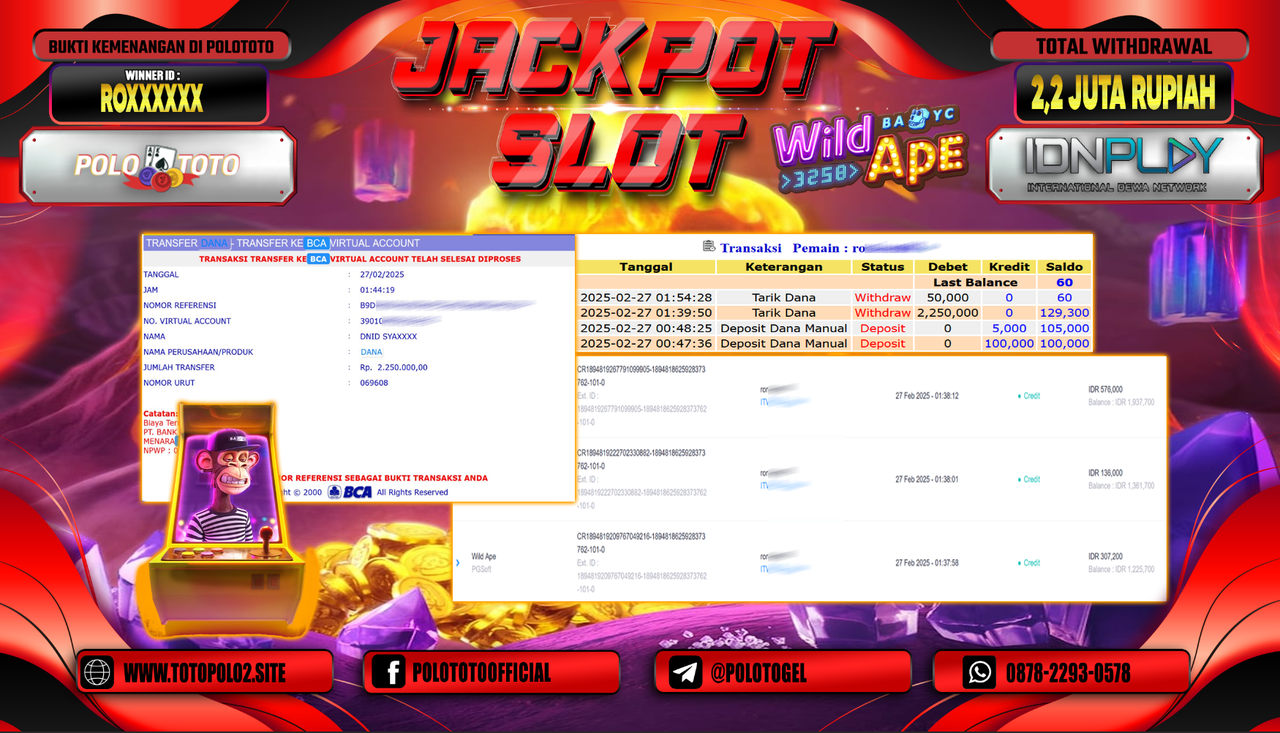 POLOTOTO JACKPOT SLOT WILD APE Rp.2.250.000,-