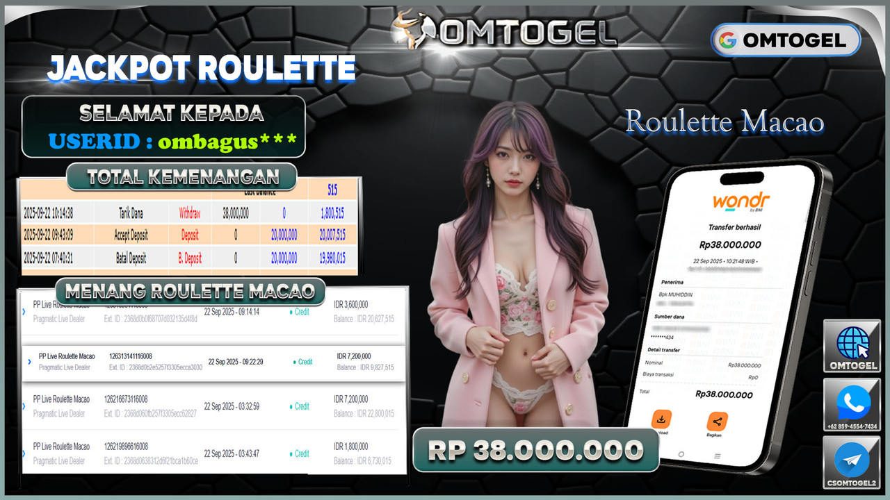 OMTOGEL JACKPOT PRAGMATIC CASINO LIVE ROULETTE MACAO 38 JUTA DI BAYAR LUNAS ,-