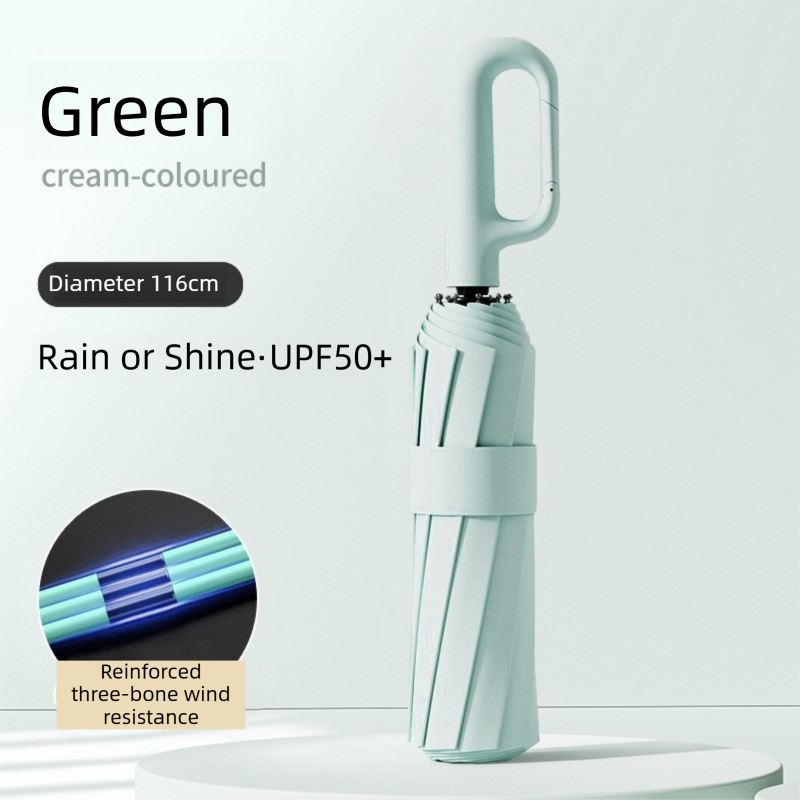 Green Heavy Duty Fully Automatic Carabiner Umbrella with Integrated Hook Handle (Diameter 116CM) - Ultra Windproof and UV Protective Sun & Rain Umbrella