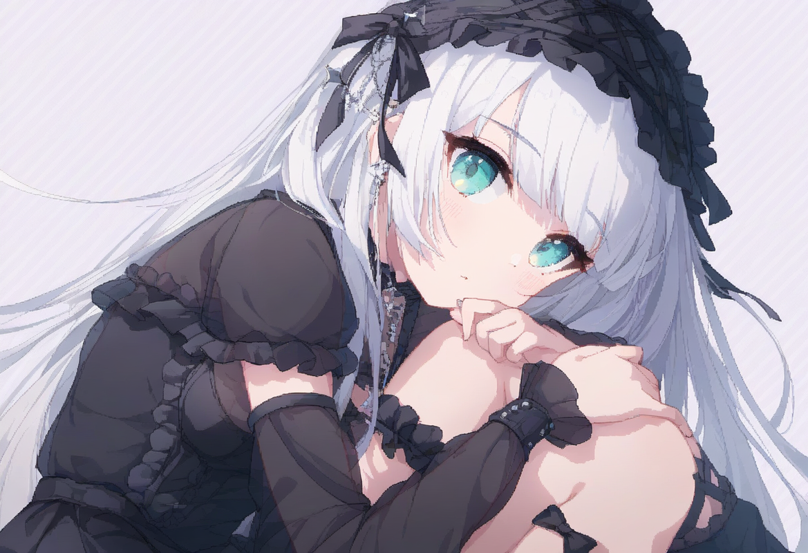 1girl, striped background, aqua eyes, long hair, hime cut, white hair, short ban s-967747114