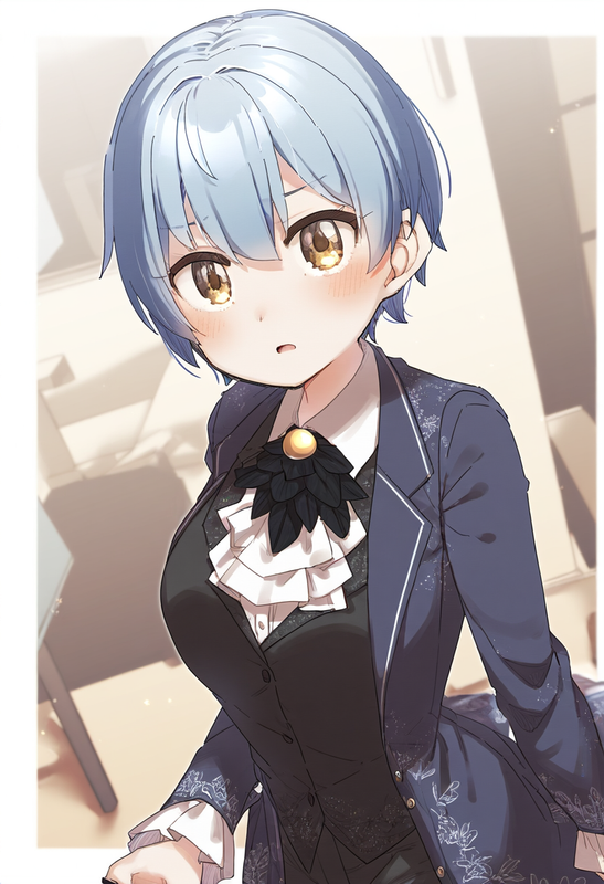 depth of field, 1girl, {{{angela (project moon)}}}, short hair, artist_ yukie (k s-523512817