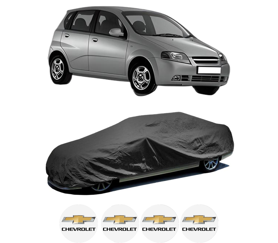 Husa tip prelata auto pentru CHEVROLET AVEO / KALOS Hatchback (T200) din 2003-2008, Culoare Negru, material textil impermeabil, rezistanta la intemperii praf UV, CARPASSION Husa Protectie, 4 Stickere auto cu CHEVROLET