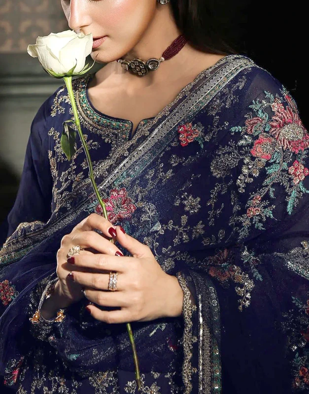Navy-Blue Embroidered Chiffon Unstitched Formal Dress – Zari & Sequins
