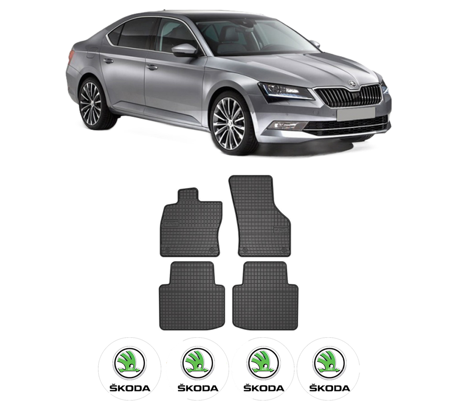 Set covorase presuri SKODA SUPERB III (3V3) din 2015-2024, auto, din cauciuc thermoplastic, 4 Stickere auto cu SKODA