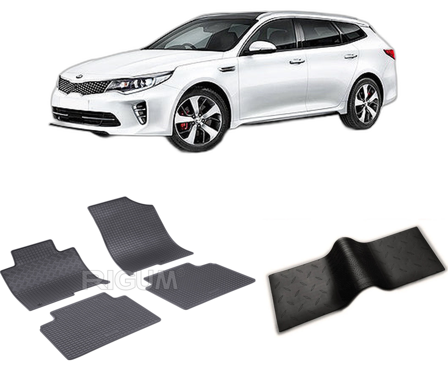 Set covorase auto KIA OPTIMA IV din 09.2016-12.2020, cu covoras tunel median, CAROSERIE COMBI, Presuri cauciuc 100%, compatibil cu autoturismul KIA OPTIMA IV, Rigum