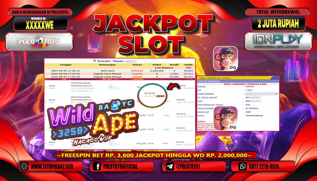 POLOTOTO JACKPOT SLOT WILD APE Rp.2.000.000,-LUNAS