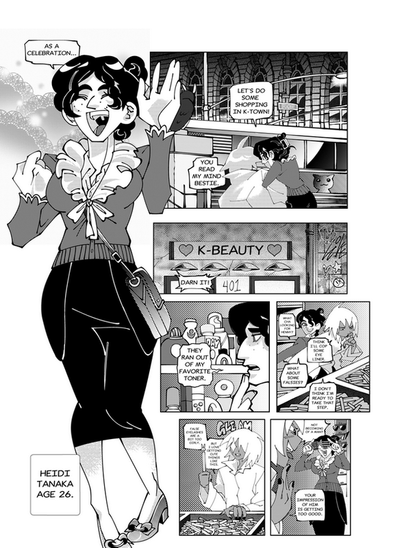 The first page of the comic where the main characters Heidi and Hennessy go to a Korean cosmetic shop