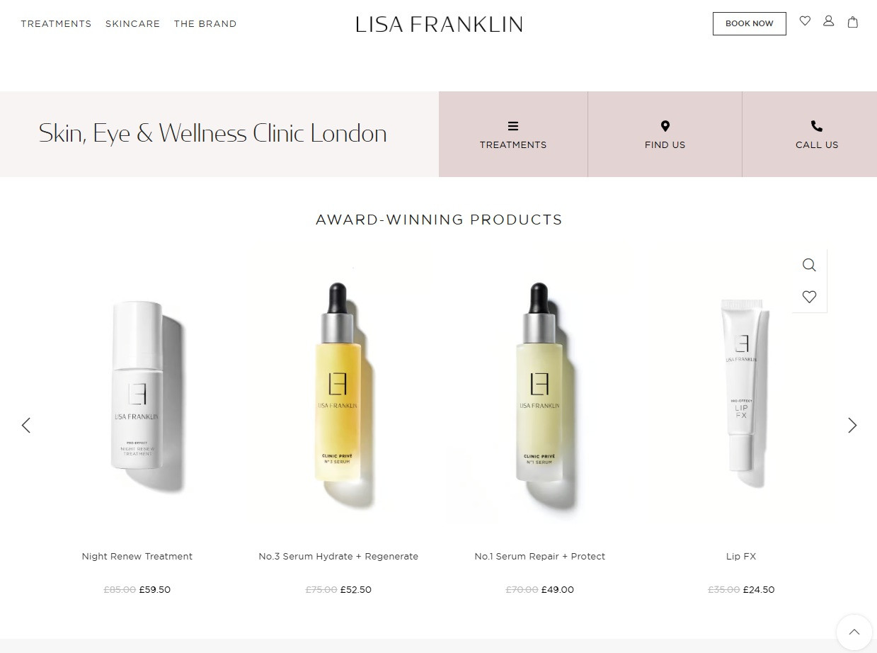 Lisa Franklin clinic product range displayed on skincare homepage.