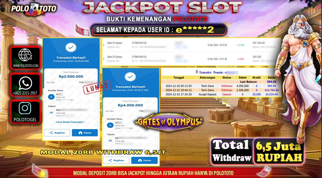 POLOTOTO JACKPOT SLOT GATES OF OLYMPUS Rp.6,500.000,- 