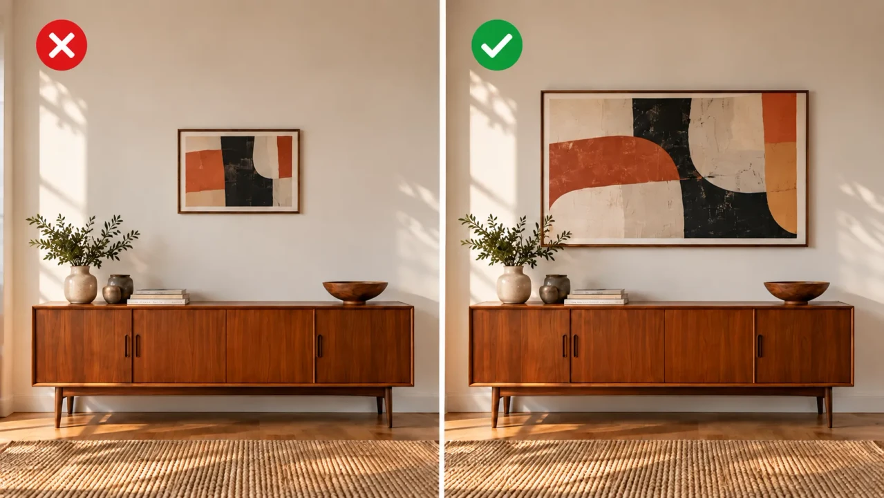 Comparaison-de-tailles-de-tableaux-au-dessus-d-un-buffet-vintage