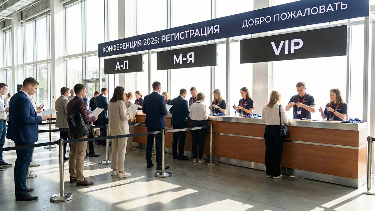 Зона регистрации конференции с разделением потоков и навигацией