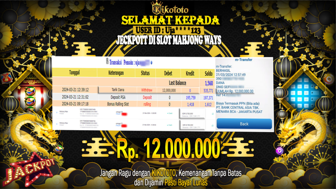 MENANG BESAR DI SLOT ONLINE MAHJONG WAYS SEBESAR Rp12,000,000 LANGSUNG DAN TANPA BASA BASI DI BAYAR KIKOTOTO !!!