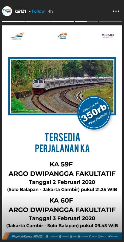 Jadwal KA Argo Dwipangga Fakultatif