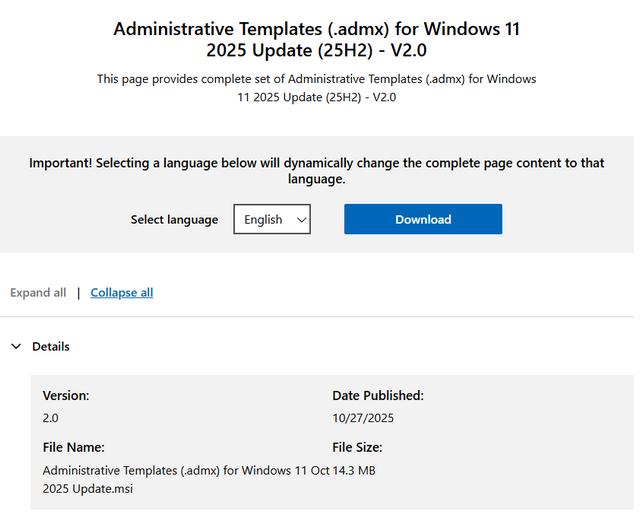 Windows 11 25H2 ADMX templates