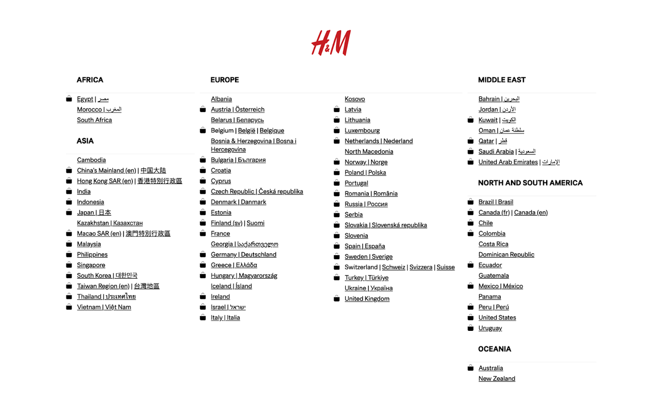 Screenshot der Länderauswahlseite von H&M mit einer alphabetisch geordneten Liste nach Regionen: Afrika, Asien, Europa, Middle East, Nord- und Südamerika sowie Ozeanien. Unter jedem Kontinent sind die jeweiligen Länder mit Landesname in Landessprache und Englisch aufgeführt, z. B. Germany | Deutschland, Spain | España oder Brazil | Brasil.