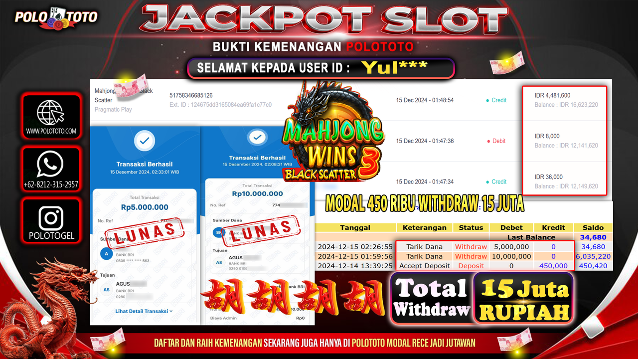 POLOTOTO JACKPOT SLOT MAHJONG WINS BLACK SCATTER 3 Rp.15,000.000,-