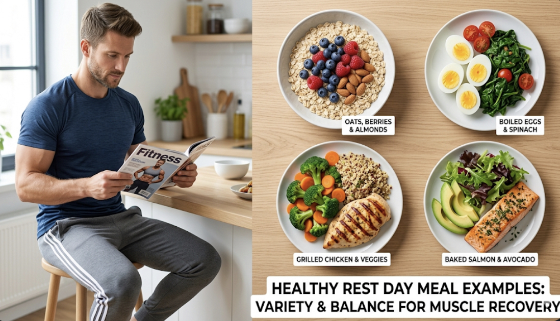 Rest day meal examples showing eggs chicken fish vegetables and quinoa for recovery foods for rest days