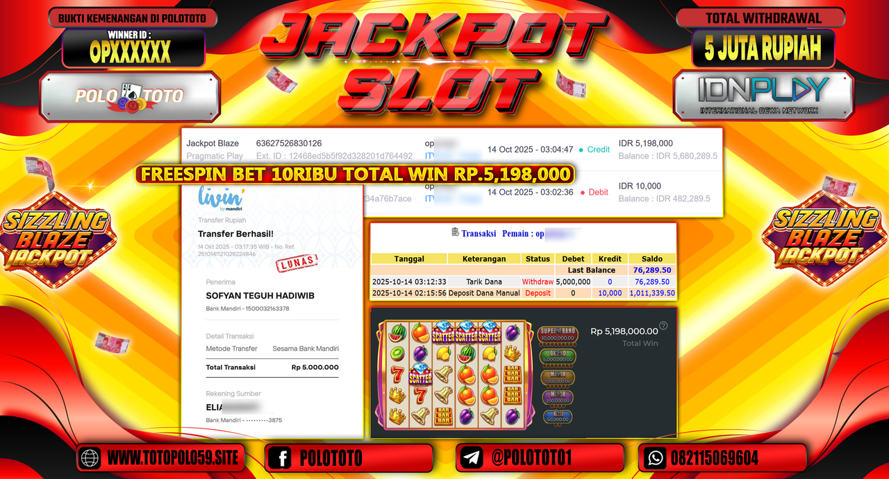 POLOTOTO JACKPOT SLOT JACKPOT BLAZE Rp.5.000.000,- LUNAS