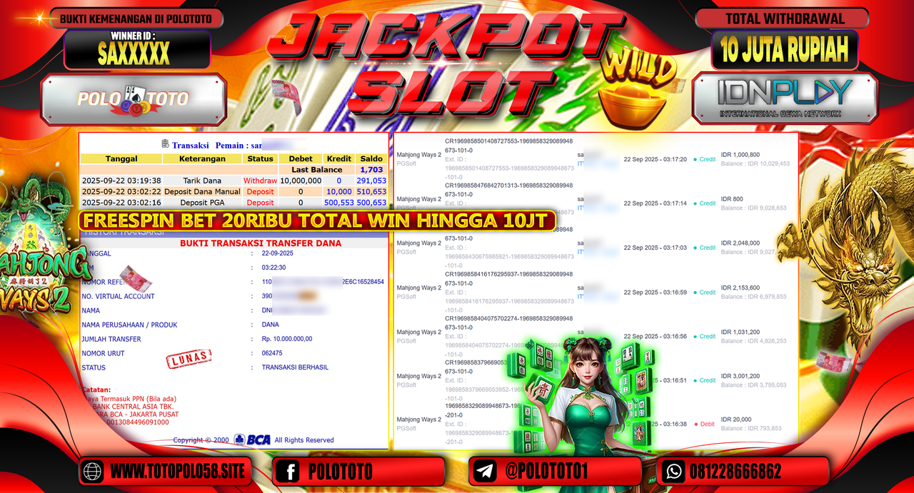 POLOTOTO JACKPOT SLOT MAHJONG WAYS 2 Rp.10.000.000,-