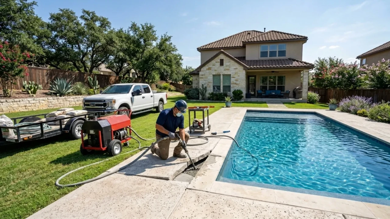 Sunken pool deck section mudjacking San Antonio