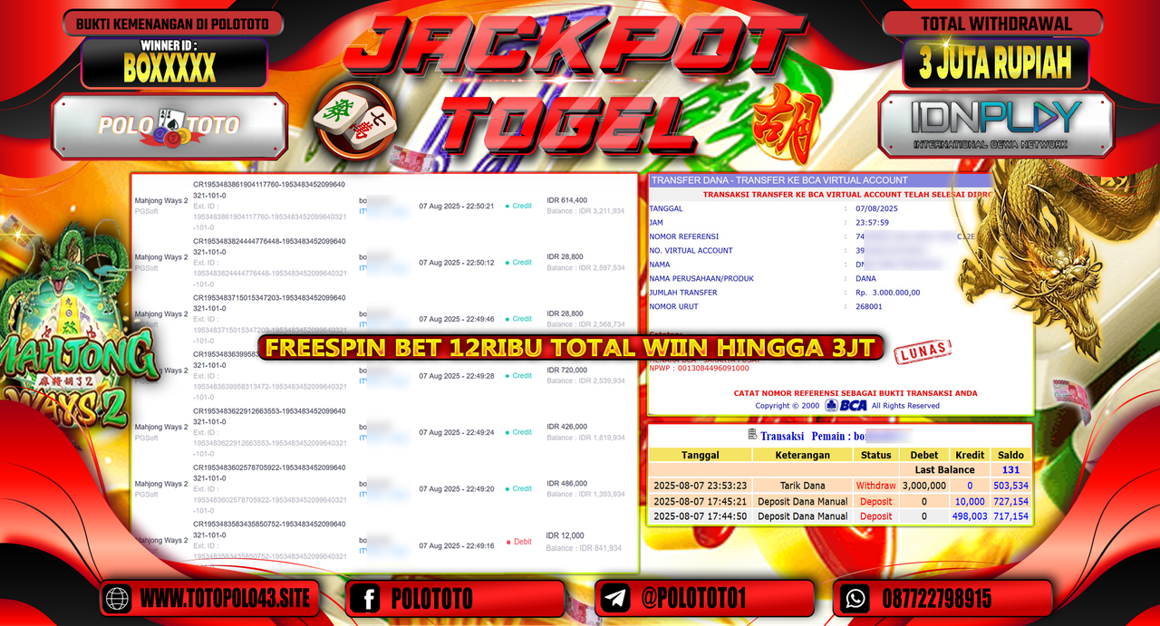 POLOTOTO JACKPOT SLOT MAHJONG WAYS 2 Rp.3.000.000,-LUNAS