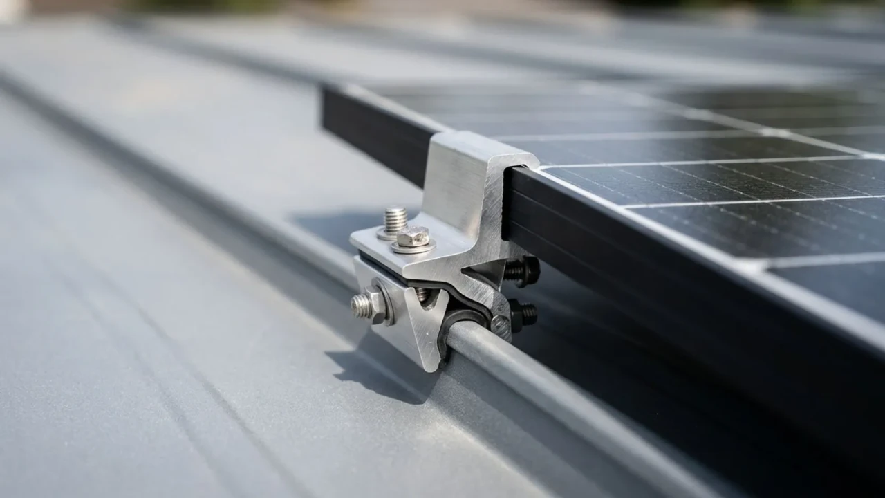Metal roof solar panel installation mounting clamps close up