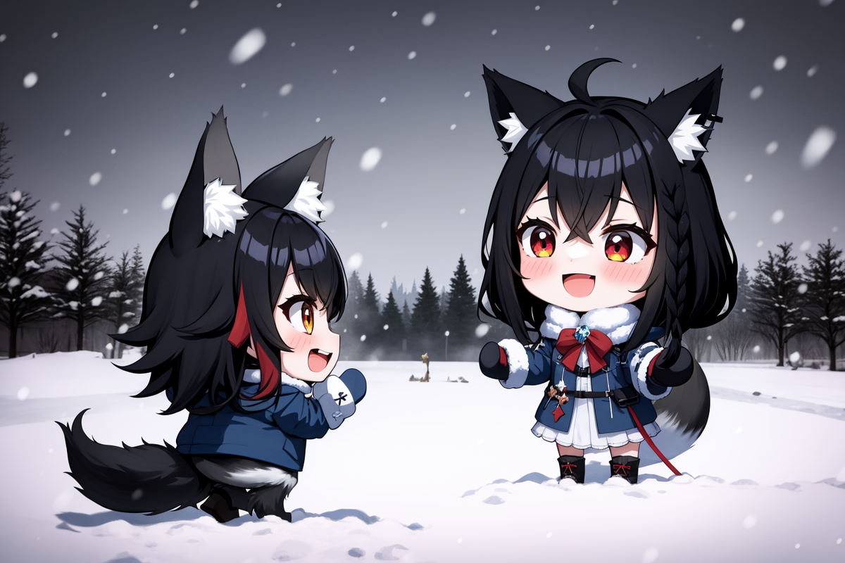 00178-3676936066-best quality, 2girls, ((chibi)), snow, outdoors, snowing, snowflakes, black hair, e