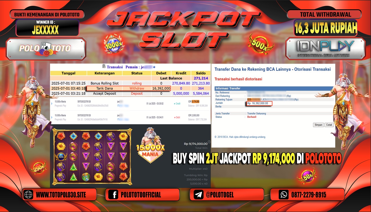 POLOTOTO JACKPOT SLOT 15.000x MANIA Rp.16.392.000,- LUNAS