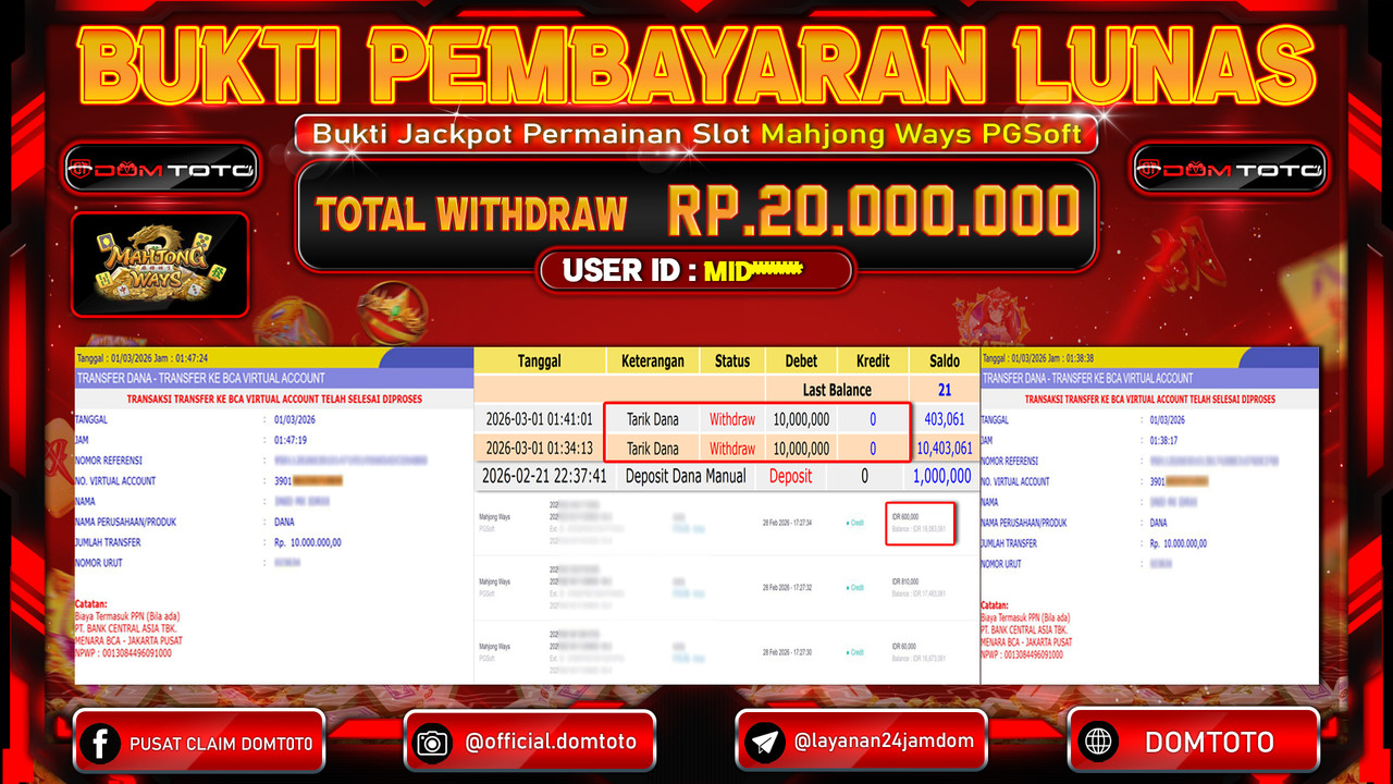 JACKPOT SLOT Mahjong Ways PGSoft 01 MARET 2026